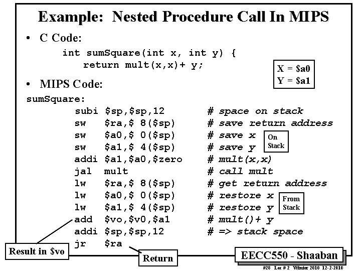 Example: Nested Procedure Call In MIPS • C Code: int sum. Square(int x, int