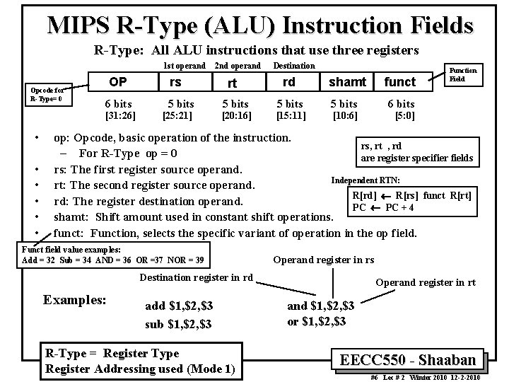 MIPS R-Type (ALU) Instruction Fields R-Type: All ALU instructions that use three registers 1