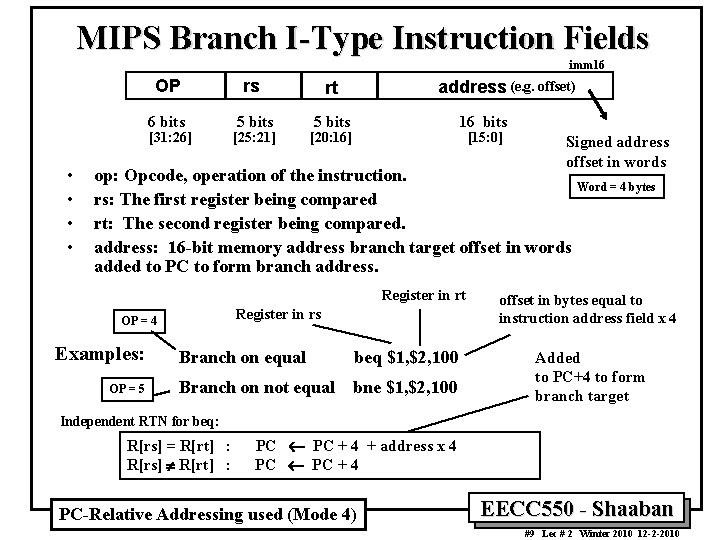 MIPS Branch I-Type Instruction Fields imm 16 OP rs rt 6 bits 5 bits