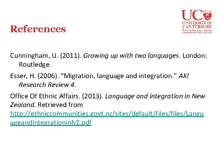 References Cunningham, U. (2011). Growing up with two languages. London: Routledge. Esser, H. (2006).