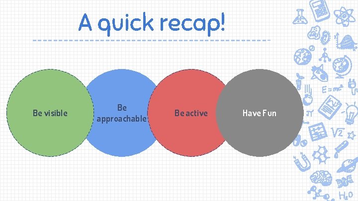 A quick recap! Be visible Be approachable Be active Have Fun 