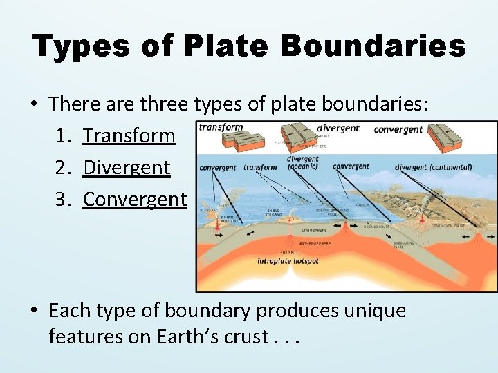 Types of Plate Boundaries • There are three types of plate boundaries: 1. Transform