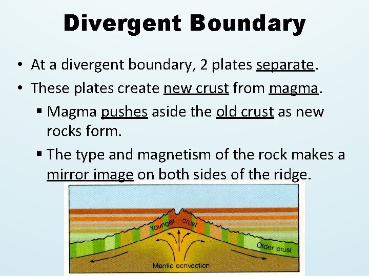 Divergent Boundary • At a divergent boundary, 2 plates separate. • These plates create