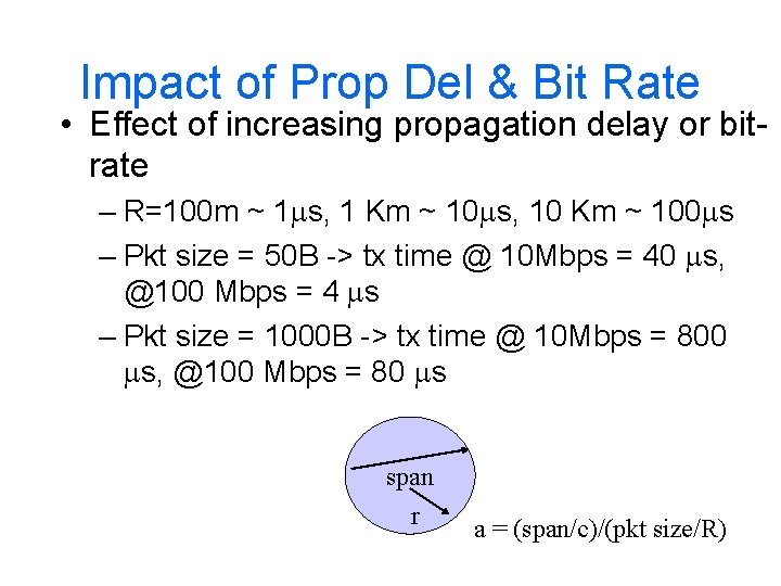 Impact of Prop Del & Bit Rate • Effect of increasing propagation delay or