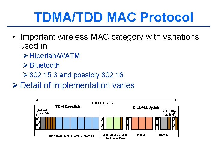 TDMA/TDD MAC Protocol • Important wireless MAC category with variations used in Ø Hiperlan/WATM