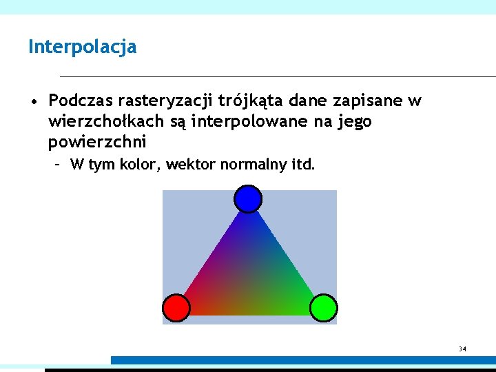 Interpolacja • Podczas rasteryzacji trójkąta dane zapisane w wierzchołkach są interpolowane na jego powierzchni