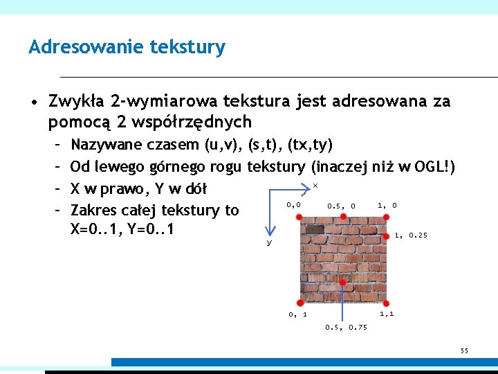 Adresowanie tekstury • Zwykła 2 -wymiarowa tekstura jest adresowana za pomocą 2 współrzędnych –