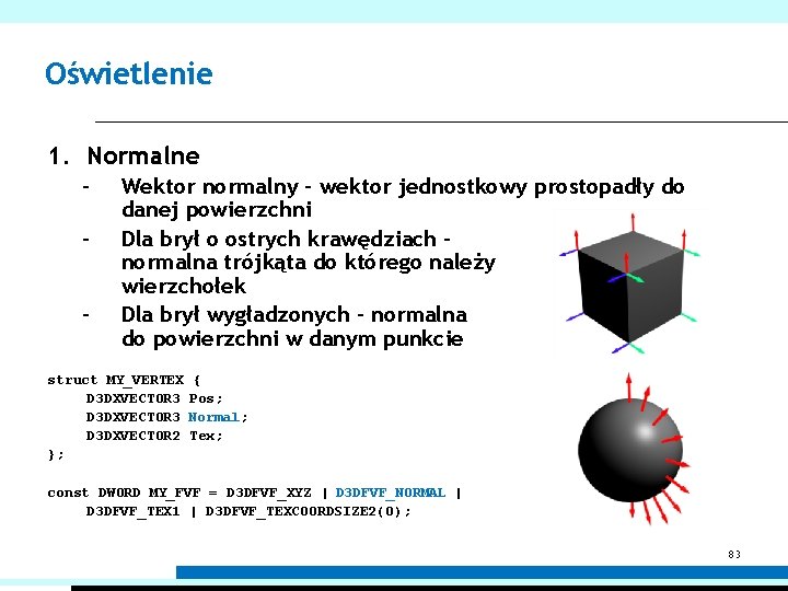 Oświetlenie 1. Normalne – – – Wektor normalny – wektor jednostkowy prostopadły do danej