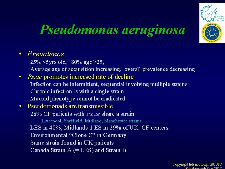 Pseudomonas aeruginosa • Prevalence 25% <5 yrs old, 80% age >25, Average of acquisition Pseudomonas aeruginosa • Prevalence 25% <5 yrs old, 80% age >25, Average of acquisition