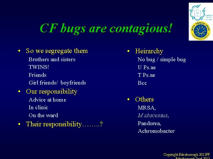 CF bugs are contagious! • So we segregate them Brothers and sisters TWINS! Friends CF bugs are contagious! • So we segregate them Brothers and sisters TWINS! Friends