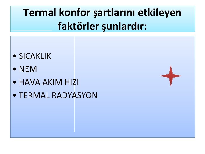 Termal konfor şartlarını etkileyen faktörler şunlardır: • SICAKLIK • NEM • HAVA AKIM HIZI