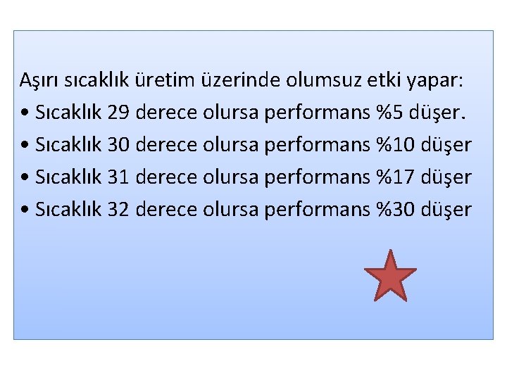 Aşırı sıcaklık üretim üzerinde olumsuz etki yapar: • Sıcaklık 29 derece olursa performans %5