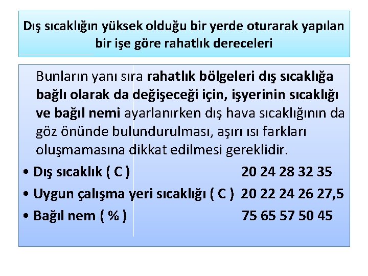 Dış sıcaklığın yüksek olduğu bir yerde oturarak yapılan bir işe göre rahatlık dereceleri Bunların