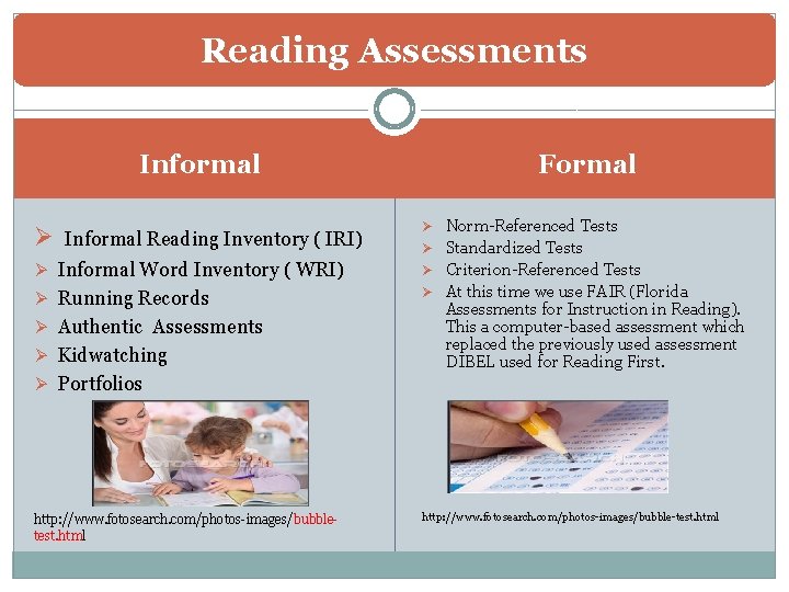 Reading Assessments Formal Informal Ø Informal Reading Inventory ( IRI) Ø Informal Word Inventory