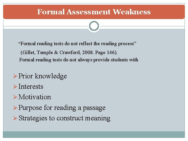 Formal Assessment Weakness “Formal reading tests do not reflect the reading process” (Gillet, Temple