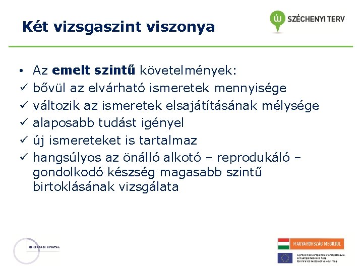 Két vizsgaszint viszonya • ü ü ü Az emelt szintű követelmények: bővül az elvárható