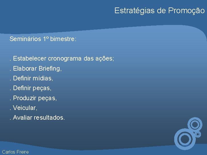 Estratégias de Promoção Seminários 1º bimestre: . Estabelecer cronograma das ações; . Elaborar Briefing,