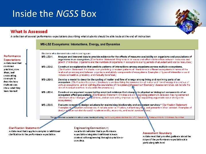 Inside the NGSS Box What Is Assessed A collection of several performance expectations describing