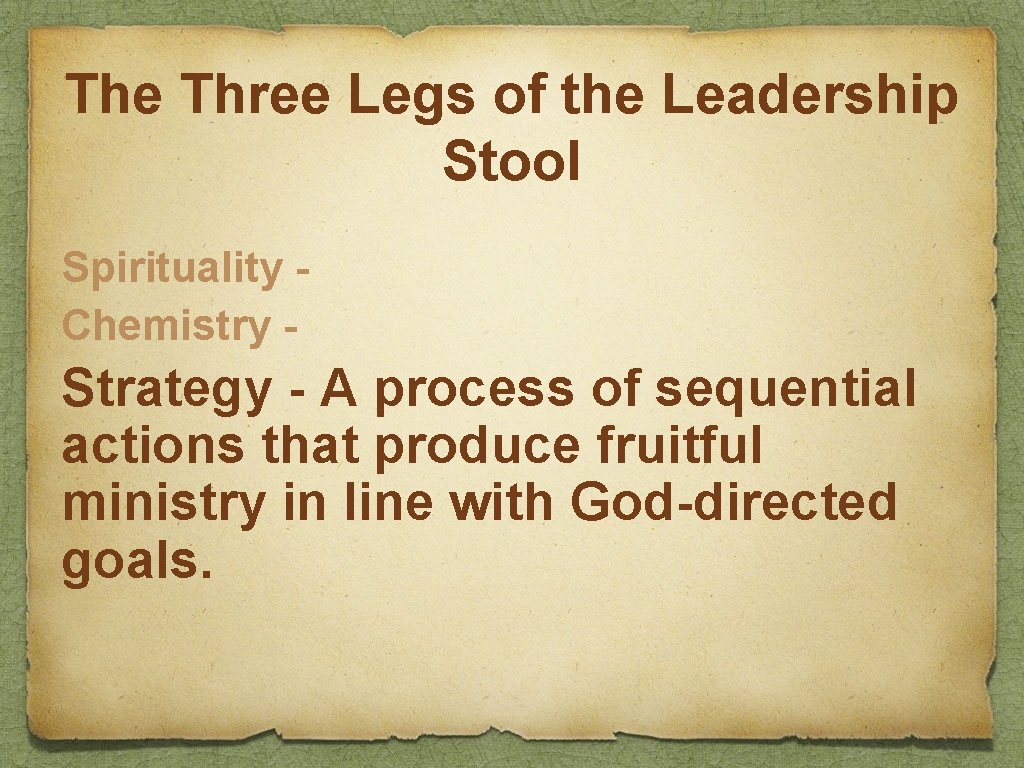 The Three Legs of the Leadership Stool Spirituality Chemistry - Strategy - A process
