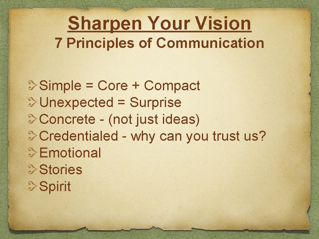 Sharpen Your Vision 7 Principles of Communication Simple = Core + Compact Unexpected =