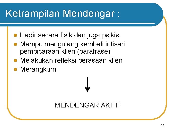 Ketrampilan Mendengar : Hadir secara fisik dan juga psikis l Mampu mengulang kembali intisari Ketrampilan Mendengar : Hadir secara fisik dan juga psikis l Mampu mengulang kembali intisari
