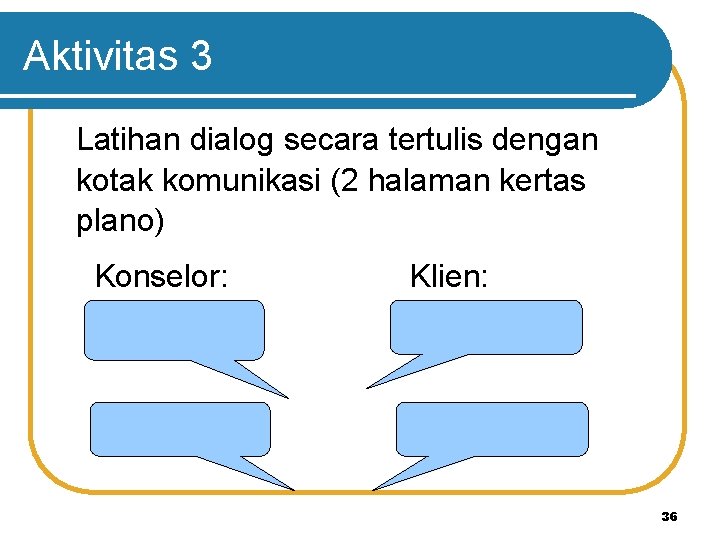 Aktivitas 3 Latihan dialog secara tertulis dengan kotak komunikasi (2 halaman kertas plano) Konselor: