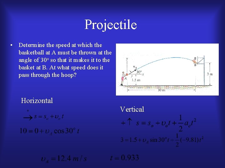 Projectile • Determine the speed at which the basketball at A must be thrown