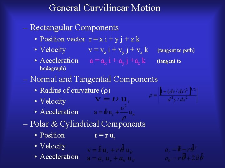 General Curvilinear Motion – Rectangular Components • Position vector r = x i +