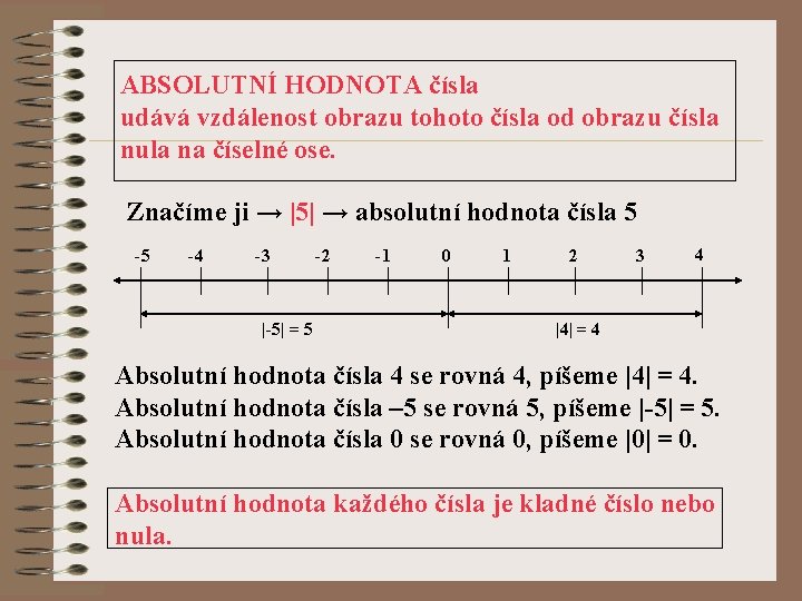 ABSOLUTNÍ HODNOTA čísla udává vzdálenost obrazu tohoto čísla od obrazu čísla nula na číselné