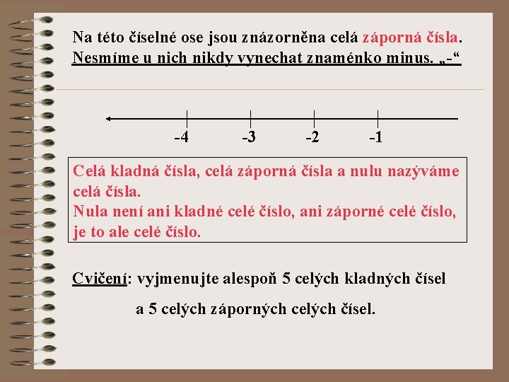 Na této číselné ose jsou znázorněna celá záporná čísla. Nesmíme u nich nikdy vynechat