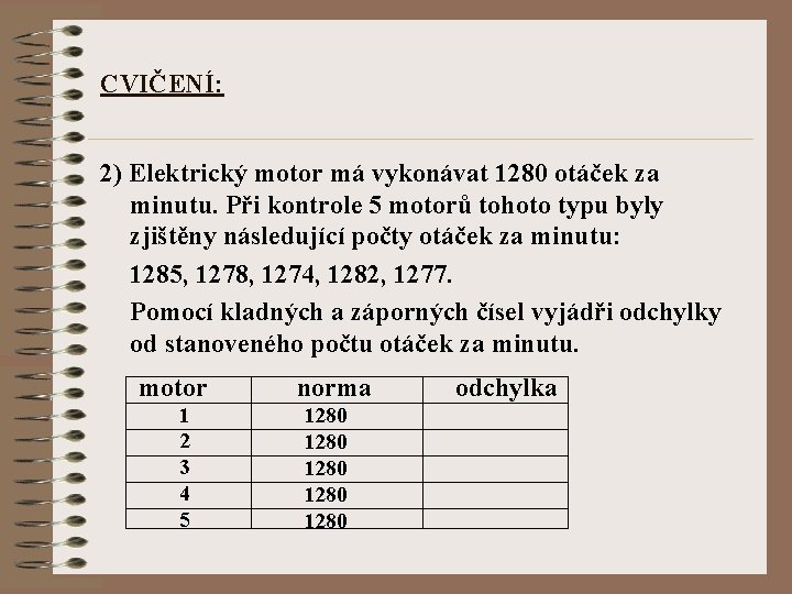 CVIČENÍ: 2) Elektrický motor má vykonávat 1280 otáček za minutu. Při kontrole 5 motorů