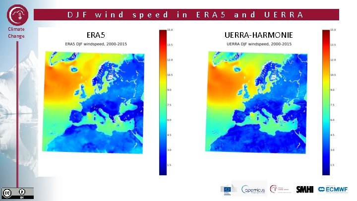 DJF Climate Change wind ERA 5 speed in ERA 5 and UERRA-HARMONIE 