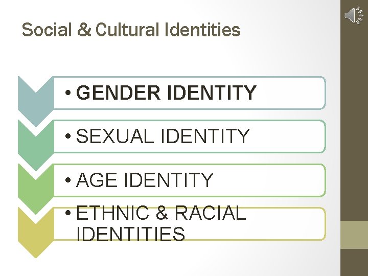 Social & Cultural Identities • GENDER IDENTITY • SEXUAL IDENTITY • AGE IDENTITY •