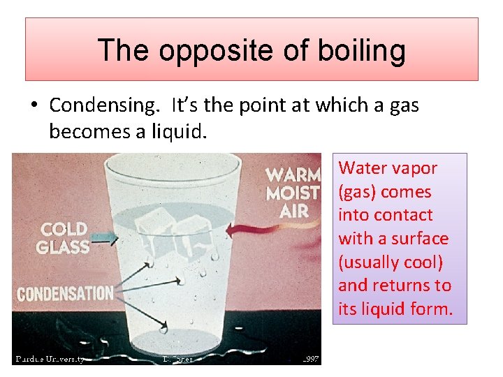 The opposite of boiling • Condensing. It’s the point at which a gas becomes The opposite of boiling • Condensing. It’s the point at which a gas becomes