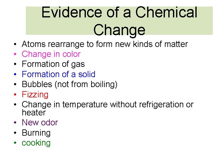 Evidence of a Chemical Change • • Atoms rearrange to form new kinds of Evidence of a Chemical Change • • Atoms rearrange to form new kinds of