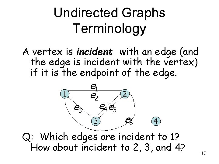 Undirected Graphs Terminology A vertex is incident with an edge (and the edge is Undirected Graphs Terminology A vertex is incident with an edge (and the edge is