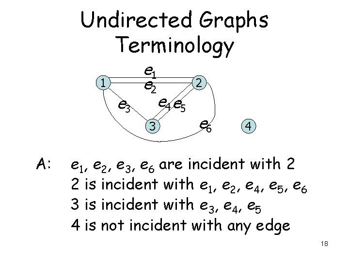 Undirected Graphs Terminology 1 e 3 e 1 e 2 3 A: 2 e Undirected Graphs Terminology 1 e 3 e 1 e 2 3 A: 2 e