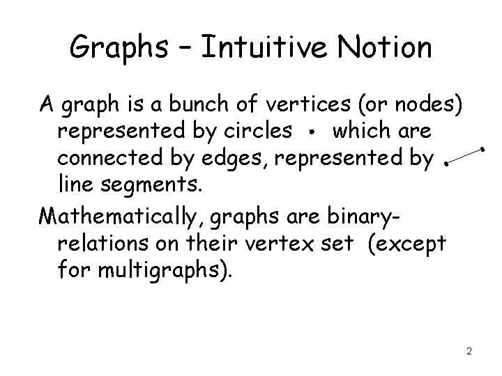 Graphs – Intuitive Notion A graph is a bunch of vertices (or nodes) represented Graphs – Intuitive Notion A graph is a bunch of vertices (or nodes) represented