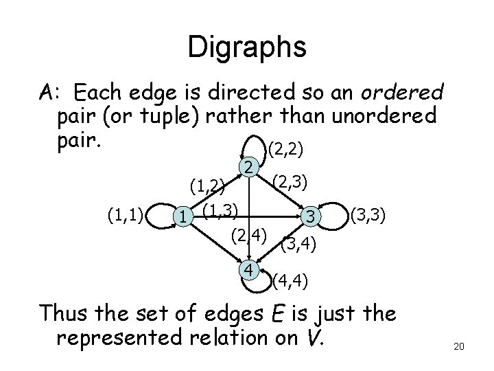 Digraphs A: Each edge is directed so an ordered pair (or tuple) rather than Digraphs A: Each edge is directed so an ordered pair (or tuple) rather than
