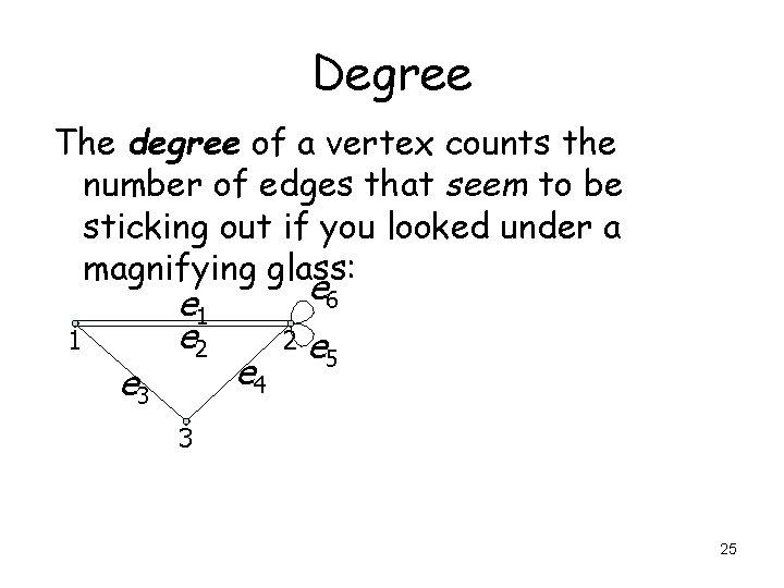 Degree The degree of a vertex counts the number of edges that seem to Degree The degree of a vertex counts the number of edges that seem to