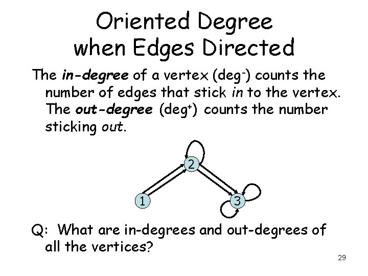 Oriented Degree when Edges Directed The in-degree of a vertex (deg-) counts the number Oriented Degree when Edges Directed The in-degree of a vertex (deg-) counts the number