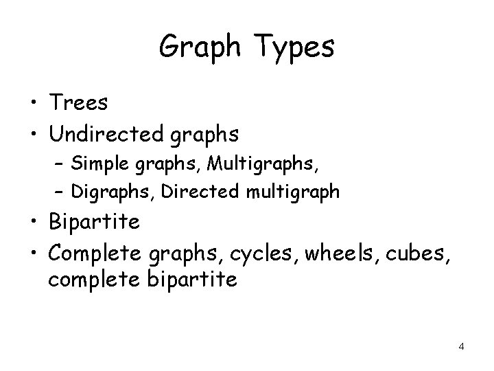 Graph Types • Trees • Undirected graphs – Simple graphs, Multigraphs, – Digraphs, Directed Graph Types • Trees • Undirected graphs – Simple graphs, Multigraphs, – Digraphs, Directed