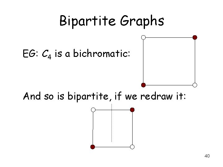 Bipartite Graphs EG: C 4 is a bichromatic: And so is bipartite, if we Bipartite Graphs EG: C 4 is a bichromatic: And so is bipartite, if we