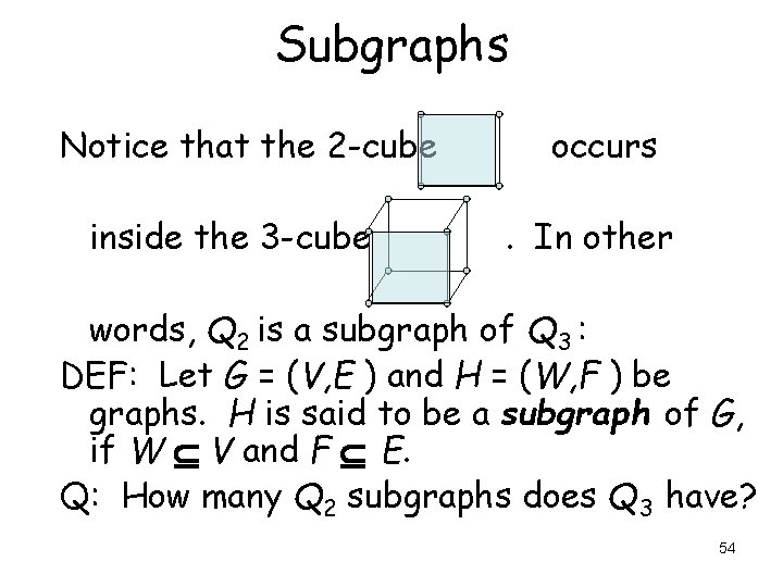 Subgraphs Notice that the 2 -cube inside the 3 -cube occurs. In other words, Subgraphs Notice that the 2 -cube inside the 3 -cube occurs. In other words,