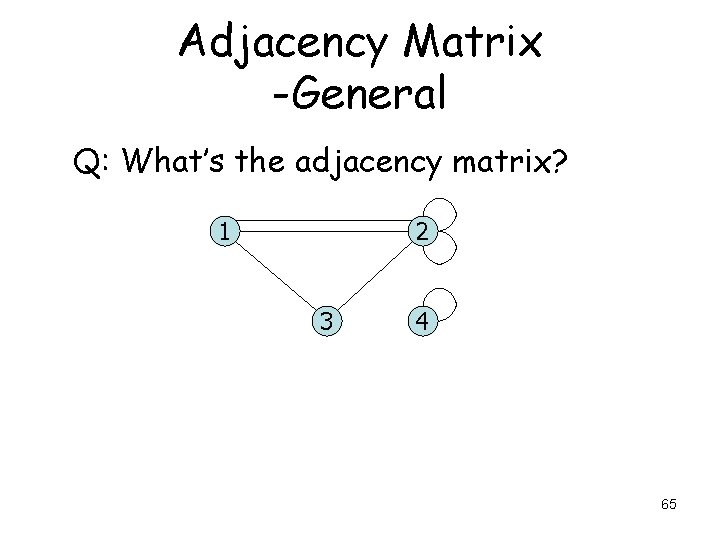 Adjacency Matrix -General Q: What’s the adjacency matrix? 1 2 3 4 65 Adjacency Matrix -General Q: What’s the adjacency matrix? 1 2 3 4 65