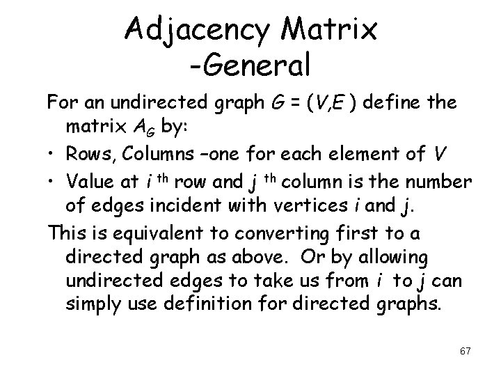 Adjacency Matrix -General For an undirected graph G = (V, E ) define the Adjacency Matrix -General For an undirected graph G = (V, E ) define the