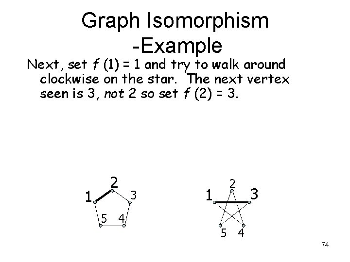 Graph Isomorphism -Example Next, set f (1) = 1 and try to walk around Graph Isomorphism -Example Next, set f (1) = 1 and try to walk around