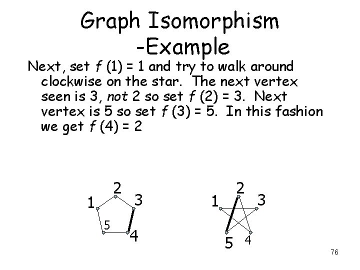 Graph Isomorphism -Example Next, set f (1) = 1 and try to walk around Graph Isomorphism -Example Next, set f (1) = 1 and try to walk around