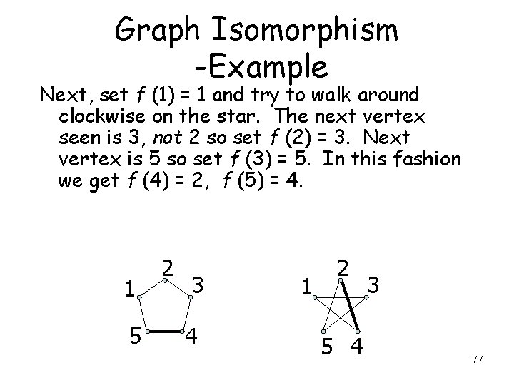 Graph Isomorphism -Example Next, set f (1) = 1 and try to walk around Graph Isomorphism -Example Next, set f (1) = 1 and try to walk around