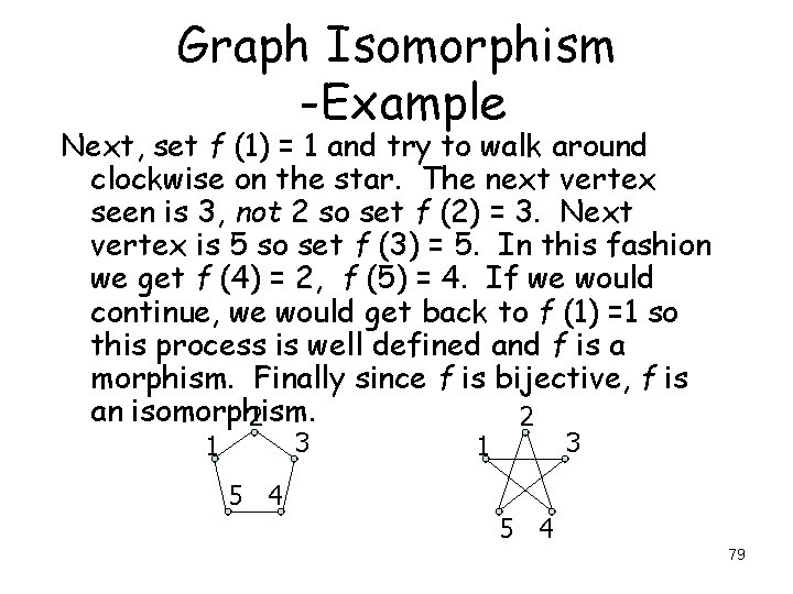 Graph Isomorphism -Example Next, set f (1) = 1 and try to walk around Graph Isomorphism -Example Next, set f (1) = 1 and try to walk around